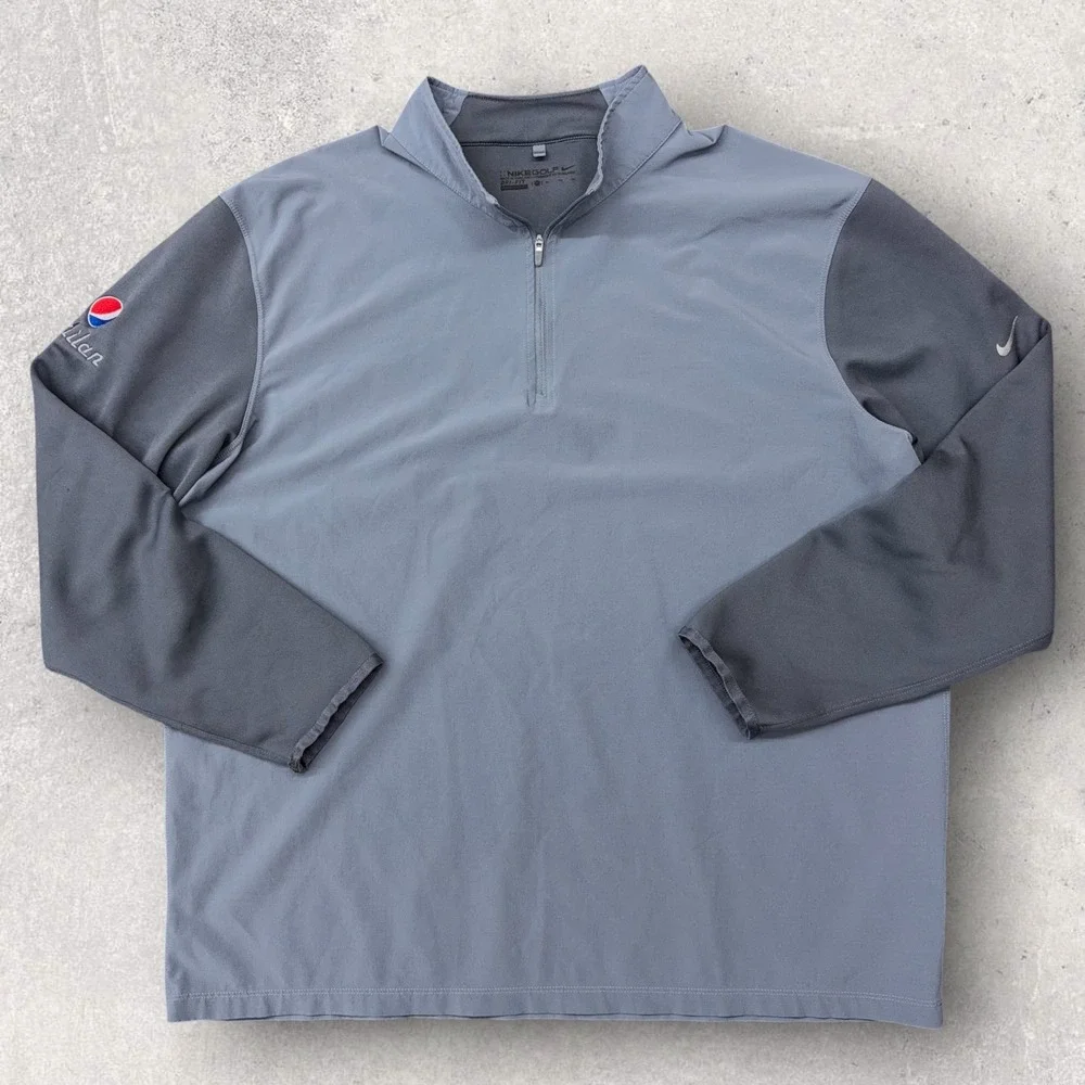 Nike Golf Mens Dri-FIT 1/4 Zip Pullover Gray Pepsi Milan Logo XL 746102-065 Flaw